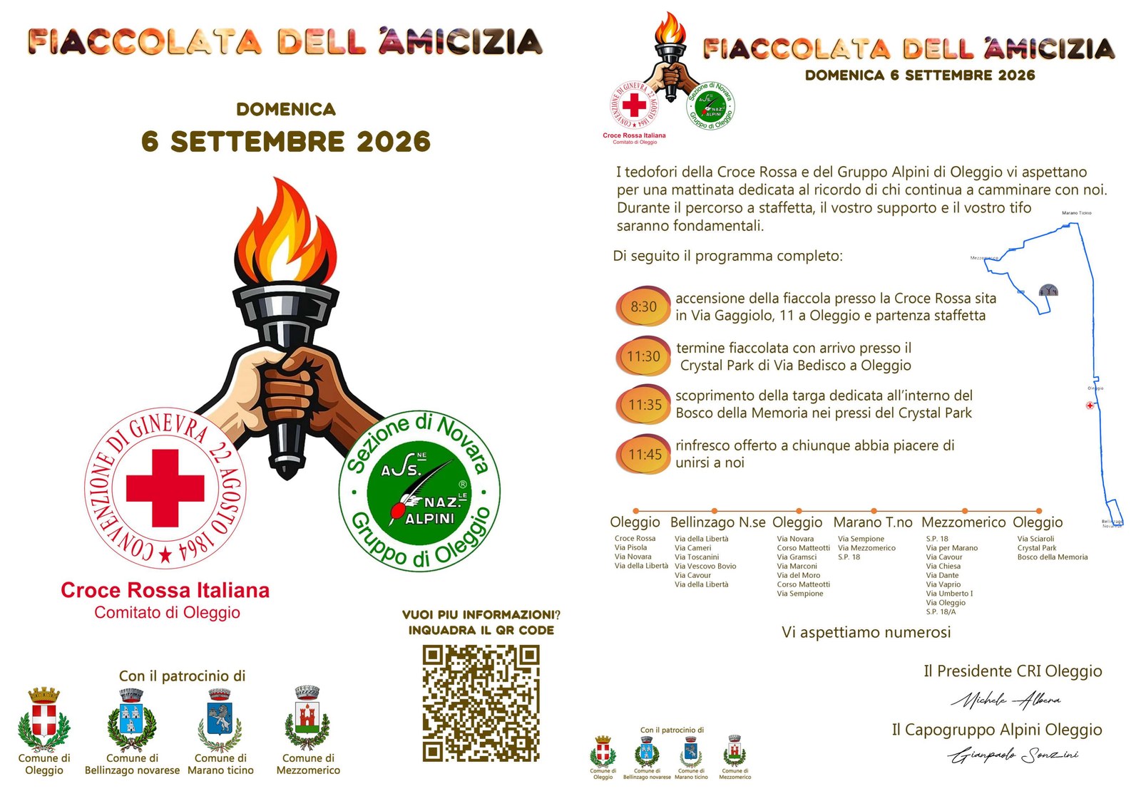 Locandina della Fiaccolata dell'Amicizia CRI - Alpini, domenica 6 settembre 2026, con il programma della mattinata e il percorso della staffetta